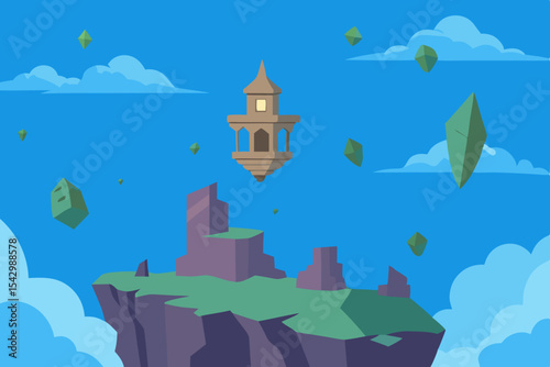 Floating Island Fantasy A Surreal Scene of Levitating Structures and Crystalline Gems
