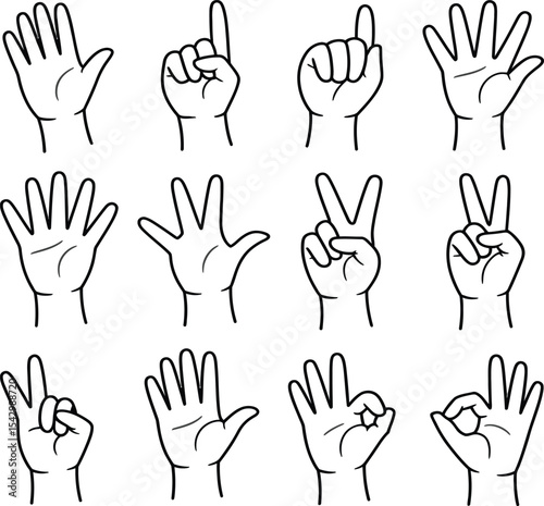 A collection of hand gestures in black and white line art showing different hand positions and signals