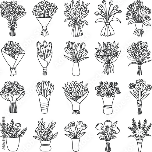 A collection of black and white floral bouquets and flower arrangements line art vector illustration