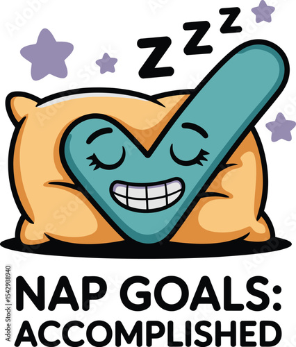 Naptime Success Cartoon Pillow  Checkmark Graphic for Sleep  Rest Tshirt Idea