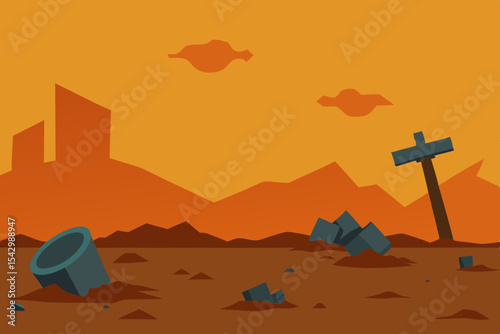 Post-Apocalyptic Desert Landscape Sun-Drenched Ruins and a Broken Sign