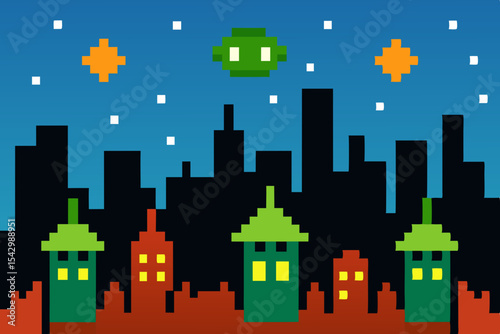 Pixelated Cityscape 8-bit Alien Invasion Night Scene