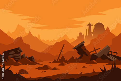 Desolate Sunset Landscape Ruins and Mountains in a Fiery Orange Hue