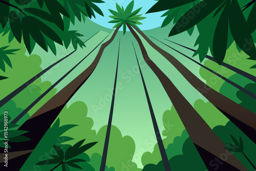 Lush Rainforest Canopy A View from Below, Tall Trees, Green Lush Foliage