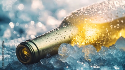 Albariño Day. Chilled white wine bottle among glimmering ice with beads of condensation