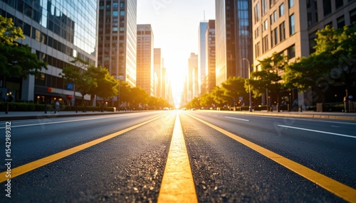 Fototapeta Naklejka Na Ścianę i Meble -  A sunlit empty city street lined with tall modern buildings and green trees, captured from a low angle at sunrise or sunset