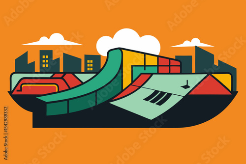 Urban Skatepark Illustration Colorful Design of Concrete Ramps and City Skyline