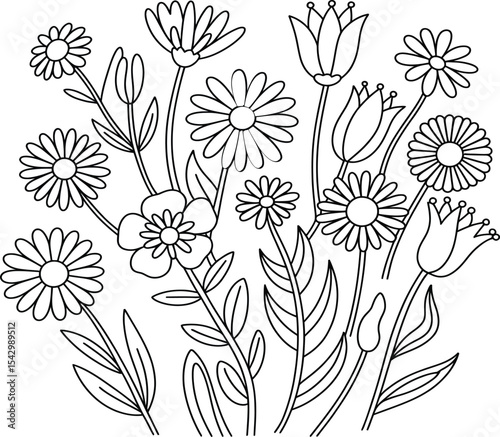 A black and white line drawing of a variety of flowers and leaves in a dense arrangement style
