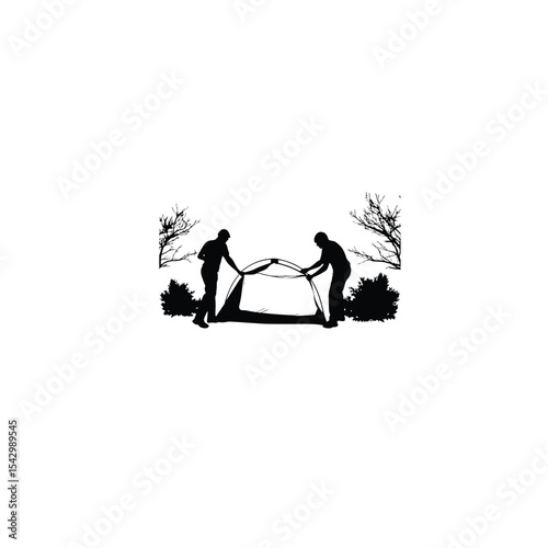 Silhouette of friends setting up a tent in a forest on white background