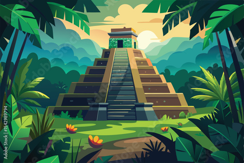 Ancient Mayan Pyramid in Lush Jungle A Vibrant Illustration