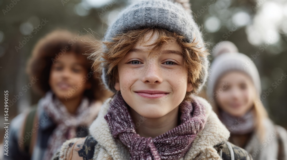 Obraz premium World Scout Scarf Day. Smiling young caucasian boy in winter clothing outdoors with friends
