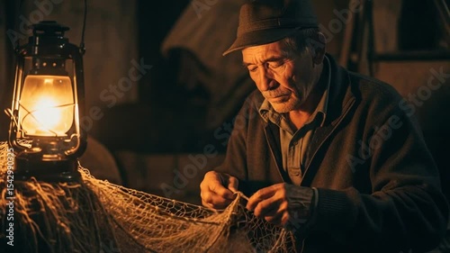 Portrait of an Elderly Fisherman Repairing Fishing Net by Lantern Light Indoor a Vintage Setting with Dark Background