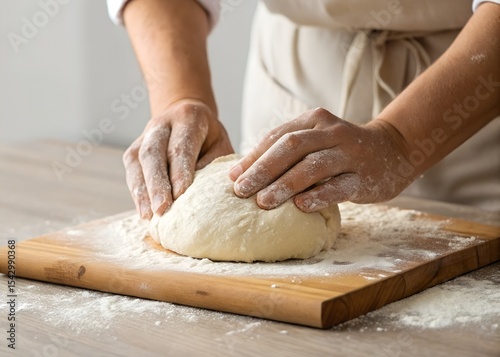 Flour dusted hands kneading dough on wooden board, dough, cooking