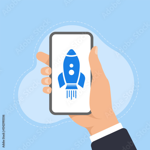 Businessman hand holding smartphone showing graphic with rocket rising up. Business start up. Vector illustration.