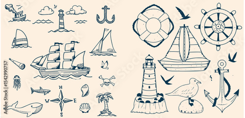Illustrated collection of hand-drawn nautical elements featuring ships, lighthouses, anchors, compasses, sea animals, and maritime tools.