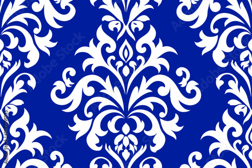Elegant Damask Pattern White Floral Design on Deep Blue Background