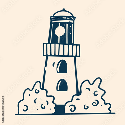 Illustrated collection of hand-drawn nautical elements featuring ships, lighthouses, anchors, compasses, sea animals, and maritime tools.