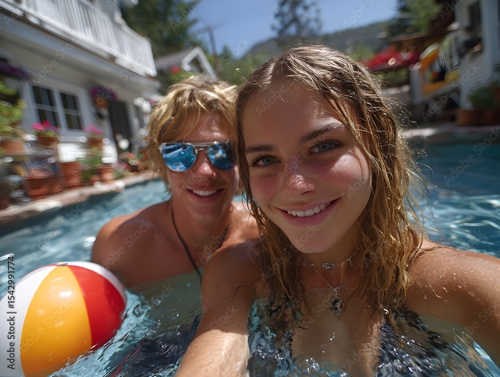Fototapeta premium Poolside selfie, summer romance, California home