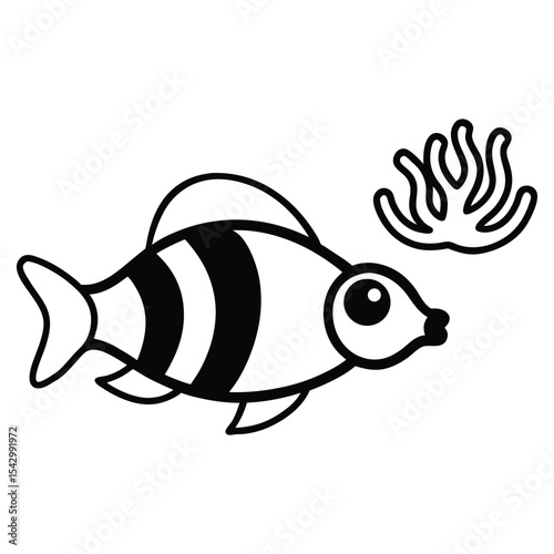 A playful orange fish wearing a diving mask exploring vibrant coral reefs in flat vector