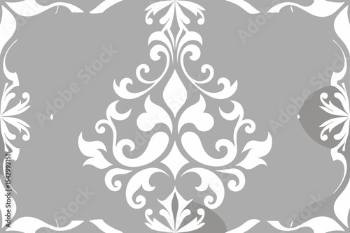 Elegant White Damask Pattern Gray Background, Floral Design, Vintage Style, Seamless Texture