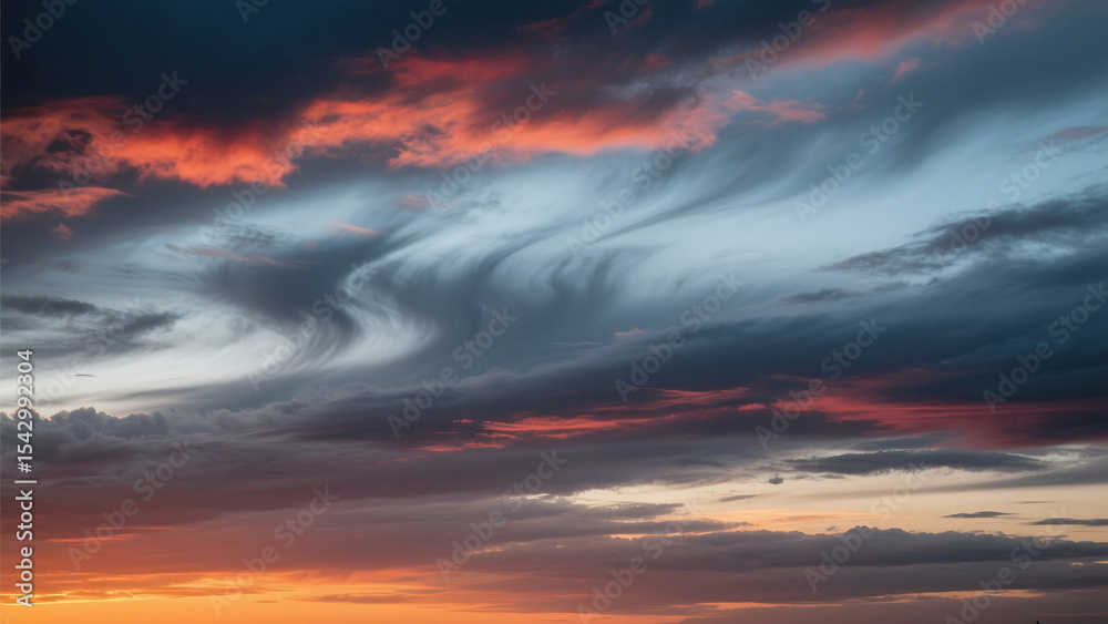 Fototapeta premium Dramatic sky with swirling clouds in shades of gray and orange at the horizon during sunset time
