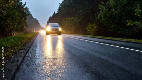 Warning triangle on a wet road with oncoming cars during a rainy, dark evening, emphasizing caution and potential road hazards