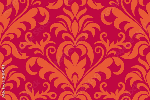 Elegant Damask Pattern Seamless Red and Orange Floral Design for Fabric, Wallpaper, and More