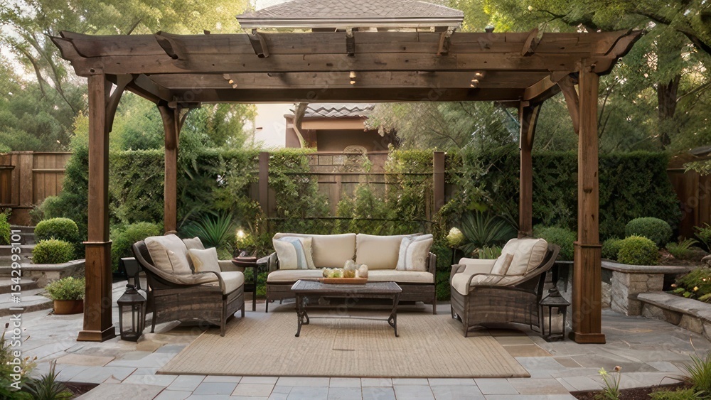 Obraz premium Wooden pergola with outdoor patio furniture and landscaping.