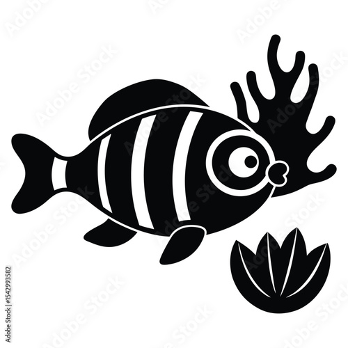 A playful orange fish wearing a diving mask exploring vibrant coral reefs in flat vector