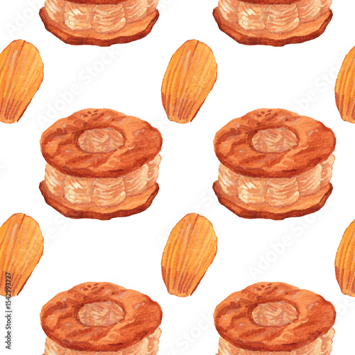 Paris-Brest and Madeleines Watercolor Pattern – Seamless French Bakery Design. Watercolor pattern. Seamless and soft-toned design ideal for cafe branding, textile prints, and digital packaging.