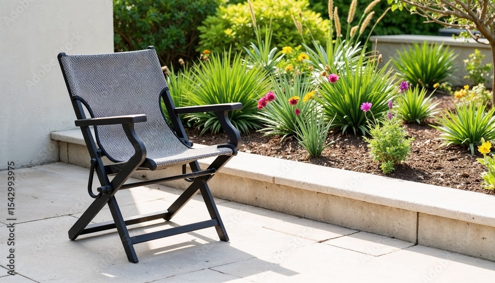 Obraz premium Folding chair placed beside flower bed in sunny garden 