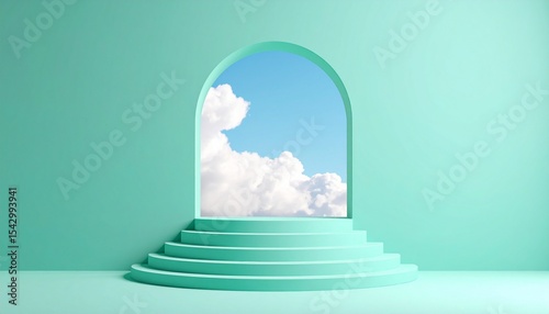 Serene Aqua Archway Leading to a Cloudy Sky: Minimalist Wellness Concept.