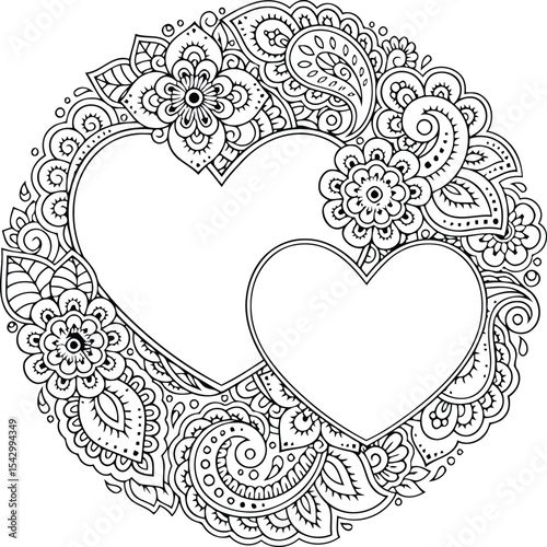 Intricate floral henna pattern with intertwined hearts symbolizing love and connection against a clean white background