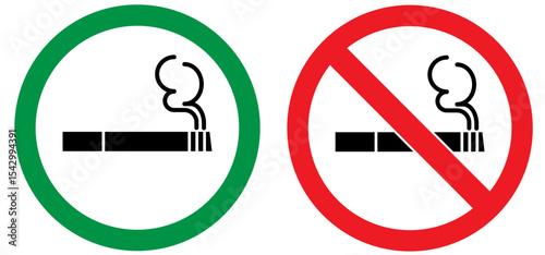No smoking area and smoking area sign printable red, green, black colour. No smoking, ban. No smoking symbol. no smoke circle in red and green. Forbidden icon. stop symbol icon set