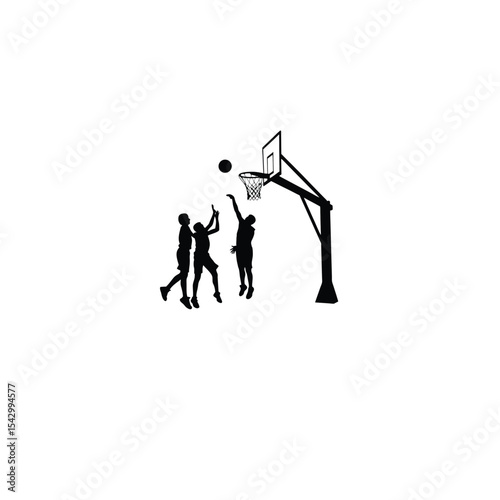 Silhouette of people shooting hoops on a basketball court on white background