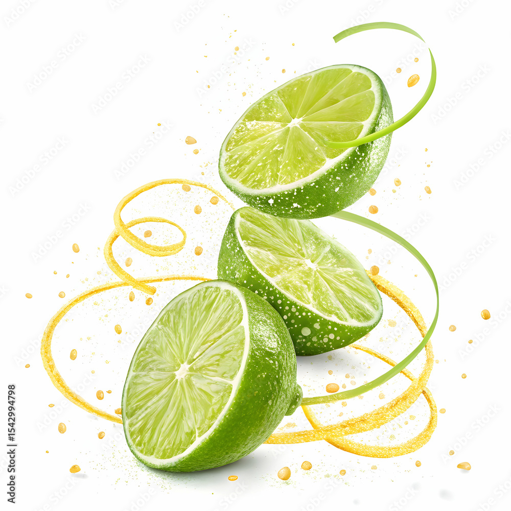whole and sliced vibrant limes splashing in midair with water droplets, isolated on white background whole and sliced vibrant limes splashing in midair with water droplets, isolated on white background