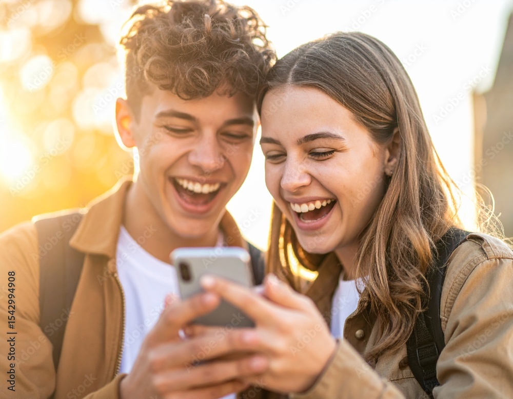 Teenage Boy and Girl Laughing, Sharing a Smartphone – Modern Connection Teenage Boy and Girl Laughing, Sharing a Smartphone – Modern Connection