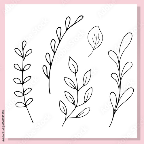 Simple hand-drawn leaf branches in black outline style. Minimalist botanical set perfect for coloring pages, stickers, invitations, and eco-themed designs.