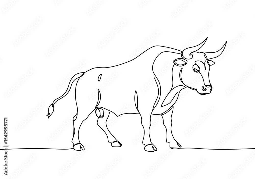Fototapeta premium Continuous line drawing of a bull standing on a plain surface with a white background behind it