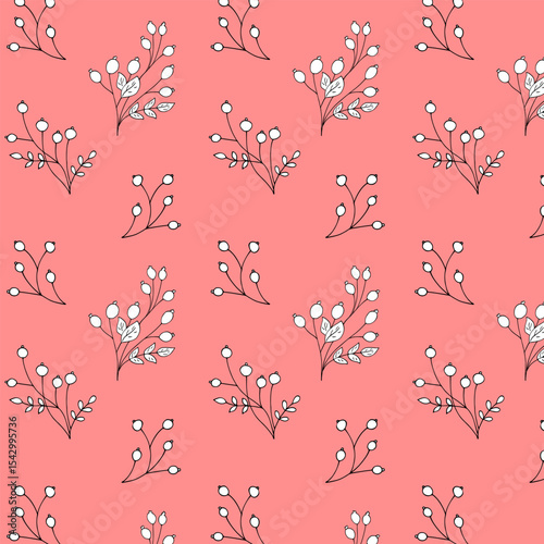 Seamless rosehip berry pattern with hand-drawn branches on a coral background. Perfect for fabric, wrapping paper, and eco packaging designs.