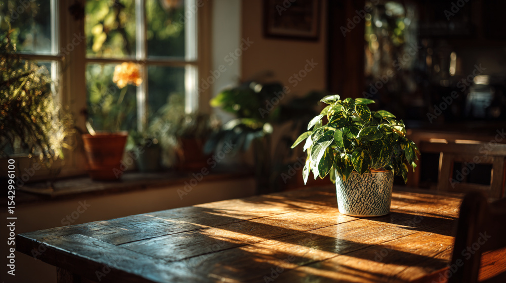 Fototapeta premium Potted plant on wooden table with sunlight by the window.