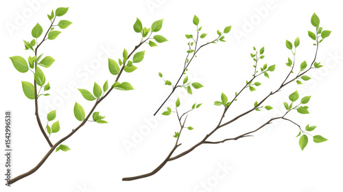 Set of green twig on white background


