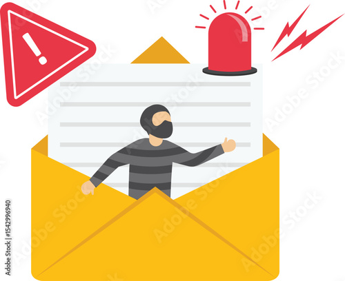 Email data phishing. Cyber thief hide behind Laptop computer. Hacking concept. Vector illustration stock illustration

