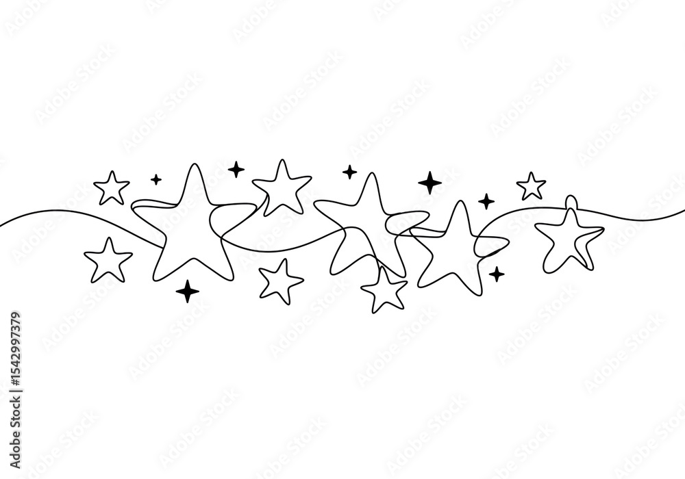 Naklejka premium A continuous line drawing of various sized stars connected by a single flowing line on a white background
