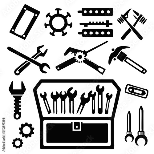 Power tools like a drill circular saw angle grinder and jackhammer shilouette
