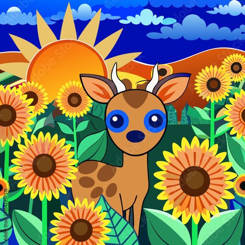 Wallpaper of the sunflowers field , deers landscape, sunset  tones, sci-fi influenced, photo-realistic landscapes, symmetrical
