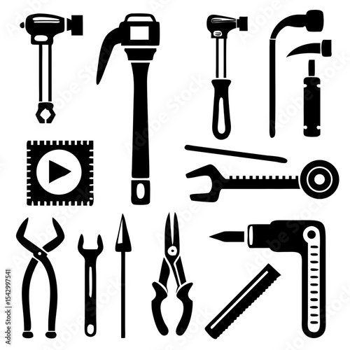 Power tools like a drill circular saw angle grinder and jackhammer shilouette
