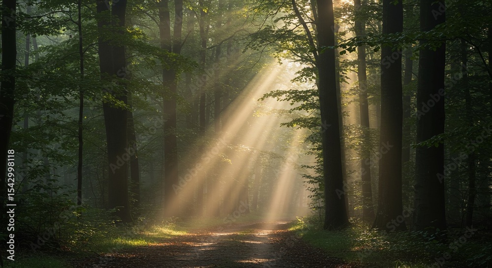 Obraz premium Misty Forest Path in Morning Light