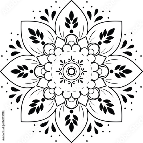 Intricate floral mandala evoking calm and focus a symbol of mindfulness and spiritual journey with crisp black line art
