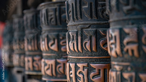 Buddhist prayer wheels . monastery in Kathmandu